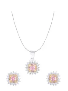 ZILVER 925 Sterling Silver Silver-Plated White & Pink CZ Studded Handcrafted Pendant With Earring