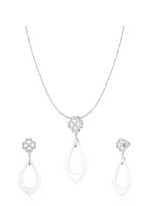 ZILVER Silver-Plated White CZ Studded Handcrafted Pendant & Earring Set