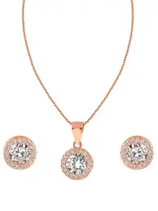 ZILVER Rose Gold-Plated White CZ Studded Pendant Earring Set
