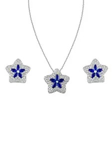 ZILVER Silver Plated White CZ Studded Handcrafted Pendant & Earring Set