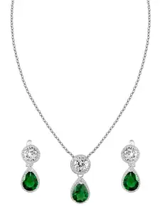 ZILVER Silver-Plated White & Green CZ Stone Studded Pendant Earring Set