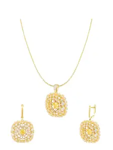 ZILVER CZ Gold-Plated Yellow CZ Studded Pendant & Earring Set