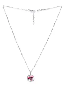 Mahi Rhodium-Plated Pink CZ Studded Pendant With Chain