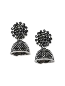 Mahi Silver-Toned Oxidized Contemporary Jhumka Earrings