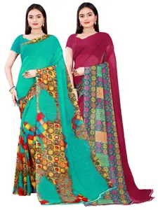 Florence Maroon & Green Set Of 2 Floral Pure Georgette Saree