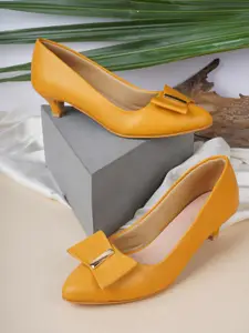 HEELSNFEELS Yellow Party Kitten Pumps with Bows