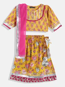 Readiprint Fashions Girls Yellow Floral Cotton Ready to Wear Lehenga Blouse Dupatta