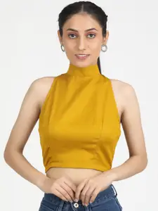Llajja Women Mustard Yellow Solid Cotton Saree Blouse