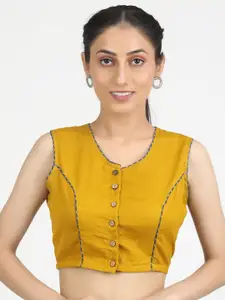 Llajja Mustard Solid Pure Cotton Non Padded Saree Blouse