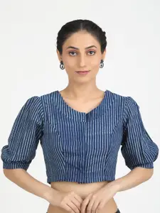 Llajja Women Blue Block Printed Striped Cotton Saree Blouse
