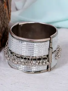 Crunchy Fashion Silver-Toned Oxidised German Silver Tribal Ghungroo Cuff Bangle