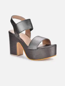 VALIOSAA Gunmetal-Toned Party Block Sandals with Buckles