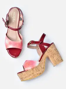 VALIOSAA Maroon Printed Platform Sandals with Buckles