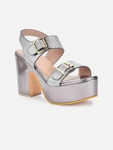VALIOSAA Gunmetal-Toned Party Block Sandals with Buckles