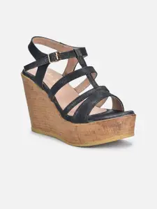 VALIOSAA Black Wedge Sandals with Buckles