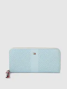 Tommy Hilfiger Women Turquoise Blue Geometric Leather Zip Around Wallet
