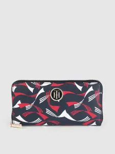 Tommy Hilfiger Women Navy Blue & Red Abstract Print Leather Zip Around Wallet