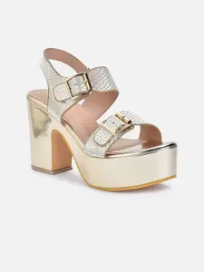 VALIOSAA Gold-Toned Party Block Sandals with Buckles