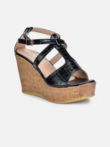 VALIOSAA Black Printed Wedge Sandals with Buckles