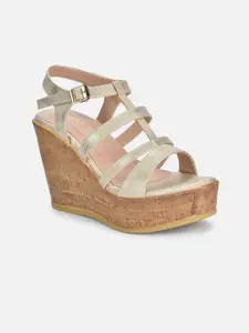 VALIOSAA Gold-Toned Wedge Sandals with Buckles