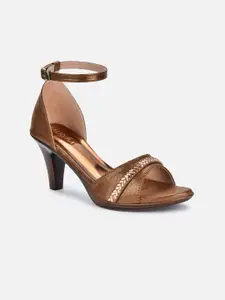 VALIOSAA Copper-Toned Ethnic Stiletto Sandals with Buckles