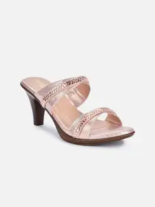 VALIOSAA Rose Gold Embellished Ethnic Block Sandals with Laser Cuts