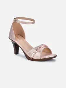 VALIOSAA Rose Gold Printed Ethnic Stiletto Sandals with Buckles
