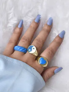 JOKER & WITCH Set Of 3 Gold-Toned & Blue Spruce Finger Ring