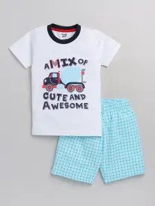 Toonyport Boys White & Blue Printed T-shirt with Shorts