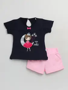 Toonyport Girls Navy Blue & Pink Printed Pure Cotton Top with Shorts