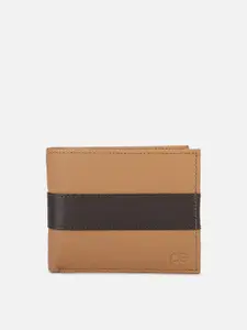 Peter England Men Khaki & Coffee Brown Printed Leather Two Fold Wallet