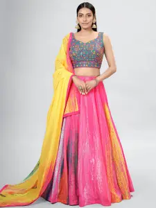 DRESSTIVE Pink & Blue Embroidered Mirror Work Semi-Stitched Lehenga & Unstitched Blouse With Dupatta