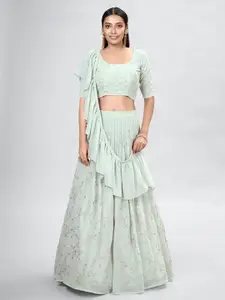 DRESSTIVE Sea Green & Gold-Toned Embroidered Thread Work Semi-Stitched Lehenga & Unstitched Blouse With