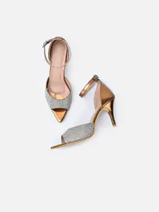 VALIOSAA Copper-Toned Party Stiletto Peep Toes with Buckles