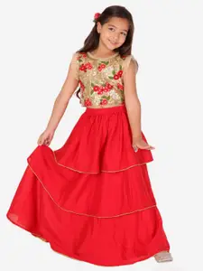 KID1 Girls Gold-Toned & Red Embroidered Ready to Wear Lehenga &