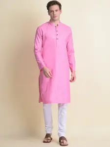 NAMASKAR Men Pink Cotton Solid Kurta with Churidar
