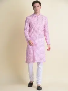 NAMASKAR Men Pink Cotton Printed Kurta with Churidar