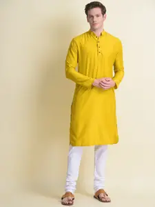 NAMASKAR Men Mustard Yellow Reyon Solid Kurta with Churidar