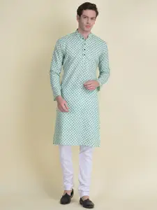 NAMASKAR Men Green Printed Cotton Kurti with Churidar