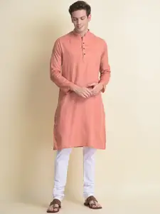 NAMASKAR Men Peach-Coloured Printed Cotton Kurta with Pyjamas
