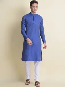 NAMASKAR Men Blue Cotton Self Design Kurta with Churidar