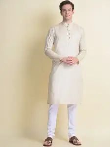 NAMASKAR Men Cream-Coloured Cotton Solid Kurta with Churidar