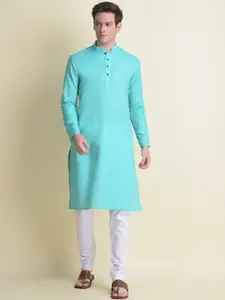 NAMASKAR Men Blue Solid Cotton Linen Kurta with Pyjamas