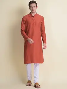 NAMASKAR Men Red Solid Reyon Kurta with Churidar