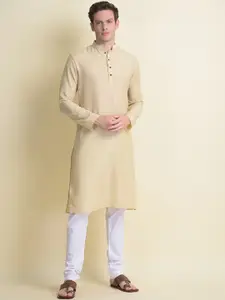 NAMASKAR Men Gold-Toned Reyon Solid Kurta with Churidar