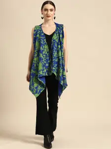 Sangria Women Blue & Green Acrylic Printed Longline Front-Open Sweater