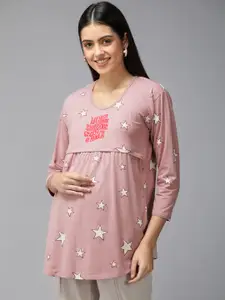 Zeyo Dusty Rose Pink & Off White Star Print Maternity & Feeding Pure Cotton Top