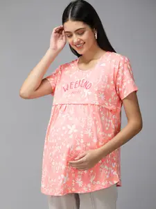 Zeyo Pink & White Floral Print Maternity & Feeding Pure Cotton Top