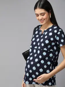 Zeyo Blue Floral Print Maternity & Feeding Pure Cotton Top