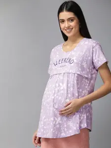 Zeyo Purple & White Floral Printed Cotton Maternity Top